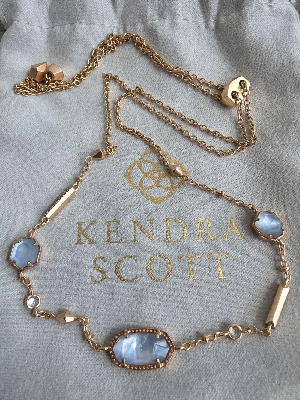 Kendra Scott Gold Tone Station Necklace Blue Iridescent Crystal Adjustable